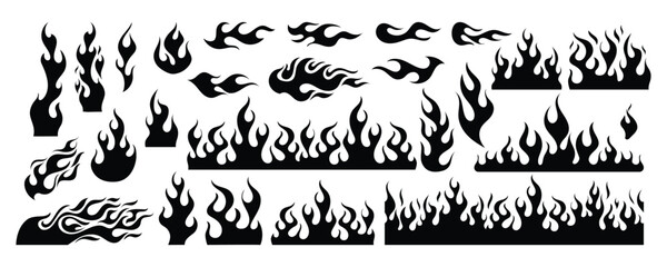 Black fire flames. Silhouette flame frame. Doodle fire borders, signs, icons, elements. Fantasy tribal fires. Abstract burning shape for tattoo, sport car stickers. Vector set