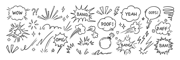 Doodle explosion. Comic explosive effect. Hand drawn circle burst, dynamic shape, energy cloud, boom bomb explosion, bang power. Comic book sticker with text. Vector set
