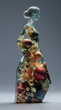 A woman statue of transparent epoxy resin, embedded with beautiful christmas ornaments inside