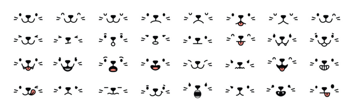 Cat face. Doodle kitty emotions. Outline hand drawn feline faces with various expressions. Muzzle with nose, eyes, mouth, teeth, tongue. Kawaii kitten faces. Vector set