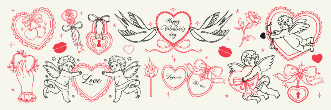 Vintage love elements. Retro Valentines day elements. Sketch elegant coquette heart, angel, cupid, flower, bird, cherry. Doodle wedding vector set