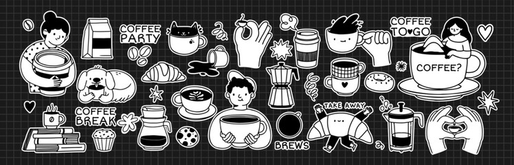Coffee doodle. Hand draw coffee elements. Outline stickers with drinks, mug, dessert, utensils, people. Funny concept for coffee cafe, shop, restaurant. Vector set