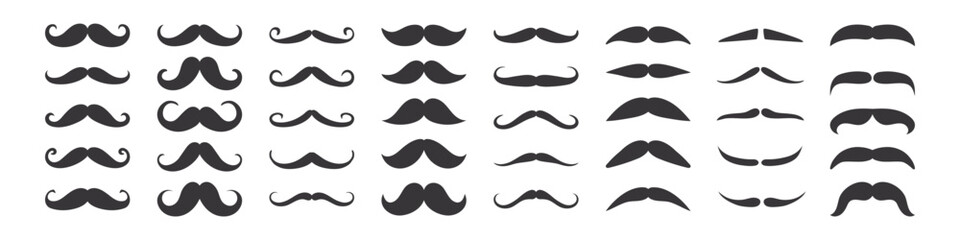 Mustache. Black silhouettes hipster mustache. Flat men whisker icons. Variation mustache styles, symbols, facial hair. Gentleman look. Barbershop elements. Vector set