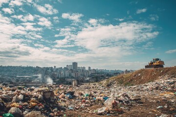Vast outdoor landfill with trash and a bulldozer, city buildings under a cloudy sky