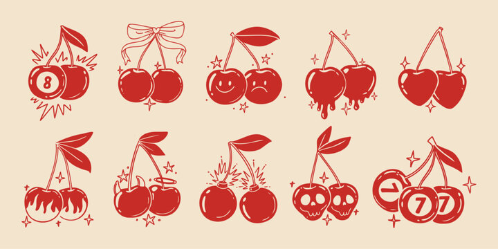 Retro cherry. Vintage red berry. Hand drawn fruit for print. Sketch cherries with ribbon, bow, skull, cherry bomb, explosion, lucky berries. Comic graphic element. Vector set
