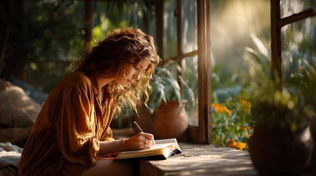 Woman writing journal in sunlight streaming through open window 
