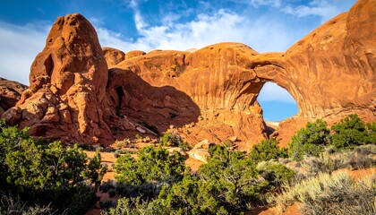 Scenic shot of a natural sandstone arch formation under a partly cloudy, blue sky, and green shrubbery