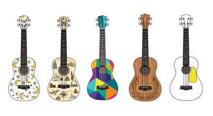 Fototapeta premium A collection of five illustrated ukuleles, each with a different colorful and creative design, isolated on a white background.