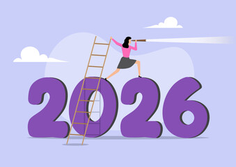 Businesswoman climbing up to the year 2026