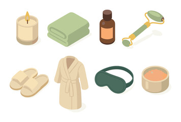 Obraz premium Spa essentials with towel, bottle, roller, candle, robe, eye mask, bowl, slippers