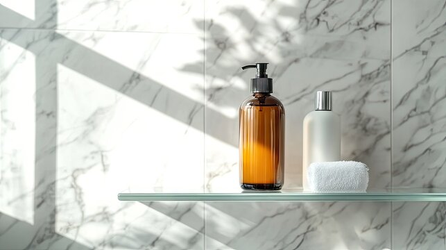 Elegant bottle of serum lotion placed on a clear glass shelf in a modern bathroom with marble tiles and soft natural lighting