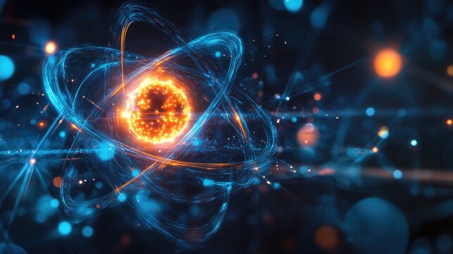Educational illustration of atom model with detailed protons, neutrons, and electrons in orbit, bright glowing effects
