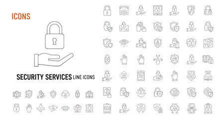 Security services line icons vector set of protection and privacy symbols for app and web design