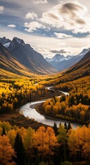 Autumnal River Valley - A Serene Landscape of Mountains and Golden Trees.