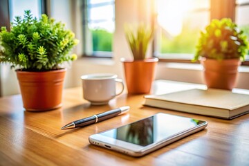 Tilt-Shift Photography: Minimalist Phone Setup, Clean Desk, Modern Workspace