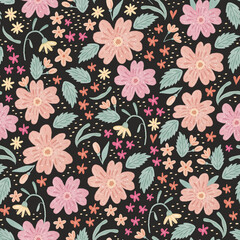 Hand drawn beautiful floral seamless pattern design. Print with flowers and leaves for fabrics, clothes, wrapping paper