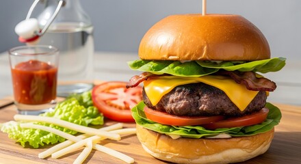 Delicious cheeseburger with bacon, lettuce, and tomato, served with french fries and ketchup on a wooden surface. Classic American fast food meal, perfect for food menus.