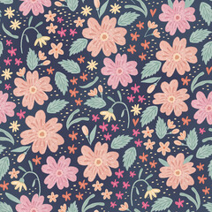Hand drawn beautiful floral seamless pattern design. Print with flowers and leaves for fabrics, clothes, wrapping paper