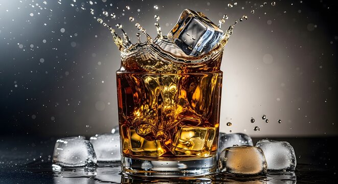 Ice cubes splashing into a glass of cola or whiskey on a dark background. A dynamic and refreshing image for drink menus, advertisements, or party concepts. - Powered by Adobe