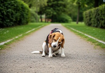 Beagles Intense Focus on Itch Relief in a Serene Park Setting.