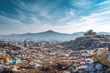 Vast outdoor landfill site filled with garbage, a city below, and a bulldozer on a pile