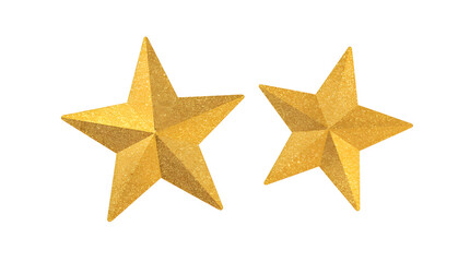 Obraz premium Two shiny gold 3d stars with metallic texture on white background, luxury decorative elements for holiday celebration 