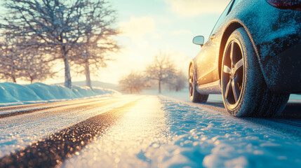 Winter road safety concept with car driving on icy road at sunrise, close-up of tire with snow. Perfect image for automotive safety campaigns, winter tire promotions, and cold weather driving