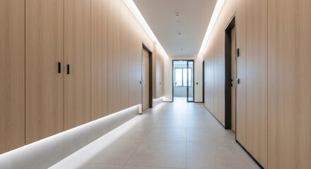 Fototapeta premium Light-filled, modern hallway with light wood paneling