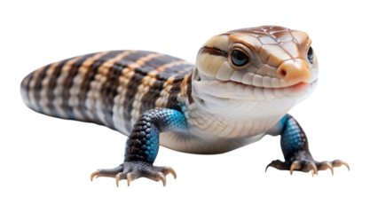 A bluetongued skink lizard, a reptile known for its distinctive blue tongue, is captured in a studio shot against a clean transparent background, showcasing its scaly skin and unique markings