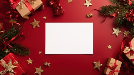 Blank white card on red background with Christmas elements, gift boxes, gold stars and pine, holiday design template.