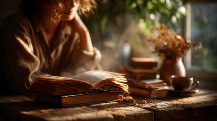 Warm sunlight spilling over book pages beside thoughtful reader 