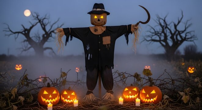 Experience the Rustic Aesthetic of a spooky Halloween night, featuring a straw scarecrow with glowing eyes amidst radiant pumpkins in a misty, moonlit field