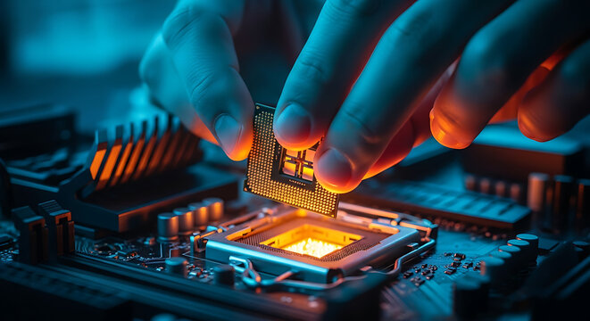Technician holds processor above circuit board. Man works in tech laboratory with motherboard, microchips. Engineer checks hardware, tests computer electronics for performance, quality. Server, techno