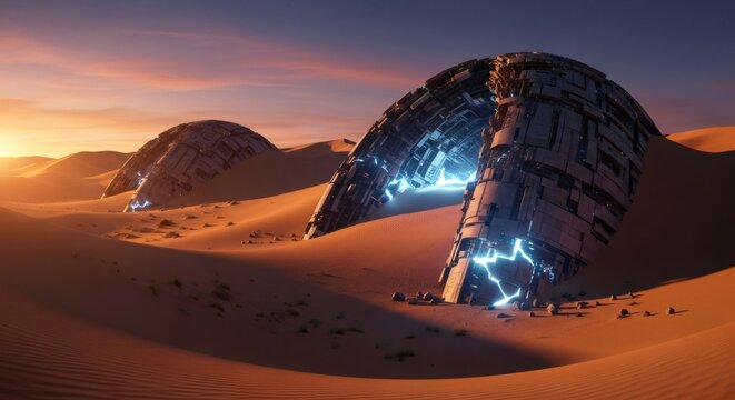 Two crashed alien spacecraft or UFOs partially submerged in desert sand during sunset, emitting blue glowing light, for science fiction concept and mystery