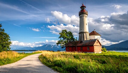Scenic shot of a tall white lighthouse with a red top and attached building, on green grassy terrain. Cloudy blue sky with distant mountains
