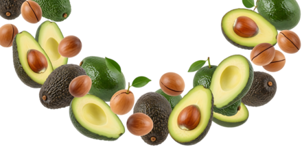 Fresh avocado and macadamia nuts arranged in a semicircle isolated on transparent background
