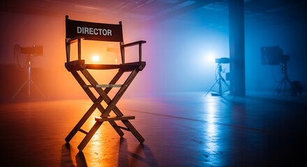 Dramatic studio shot of an empty director's chair, illuminated by contrasting orange and blue stage