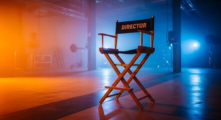 Dramatic studio shot of an empty director's chair, illuminated by contrasting orange and blue stage