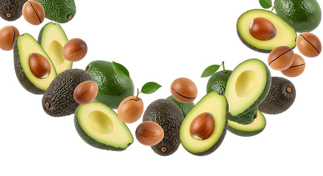 Fresh avocado and macadamia nuts arranged in a semicircle isolated on transparent background