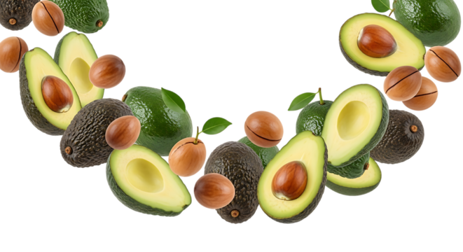 Fresh avocado and macadamia nuts arranged in a semicircle isolated on transparent background