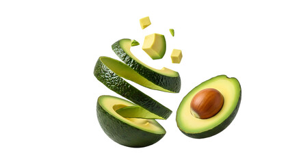 Sliced avocado with cubes floating in the air isolated on transparent background
