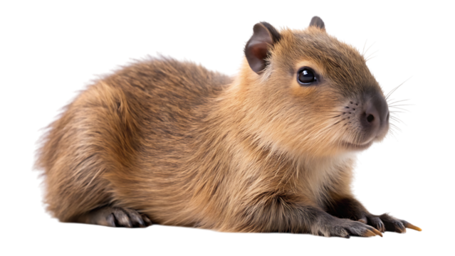 A cute baby capybara, the worlds largest rodent, lies down on a pure transparent background, showcasing its soft brown fur and gentle eyes this adorable young capybara is isolated on white, perfect fo