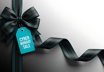 Cyber monday sale design template. Decorative black bow with blue price tag and long ribbon. Cyber Monday / Black Friday sale