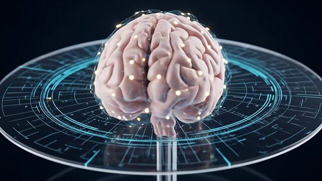 Brain and technology.
Description A realistic brain is connected to glowing orbs on a techy futuristic display