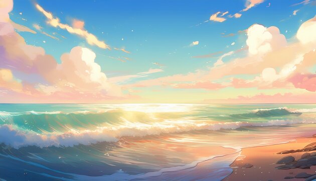 anime scene with coastline placed along lower third breaking waves sparkling under warm light horizon blending into open pastel toned sky negative space emphasizing openness and