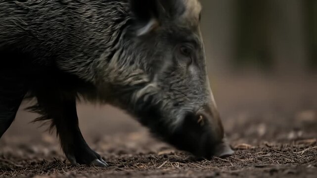 Wild boar grazes on the forest floor, close-up, earthy tones, textured hair, snout in soil