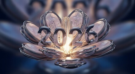 Elegant chrome 2026 numbers nestled within a futuristic glowing lotus-like structure, symbolizing the future, growth, and new beginnings.