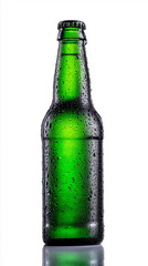 Blue glass bottle with condensation on white background
