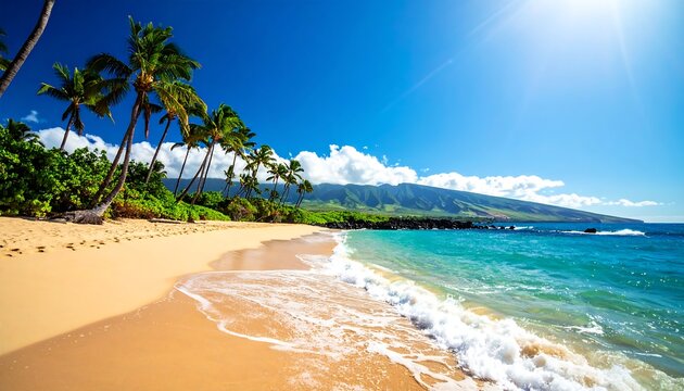 Scenic shot of a tropical coastline featuring sandy beach, palm trees, ocean waves, mountains, and a vibrant blue sky with bright sunlight
