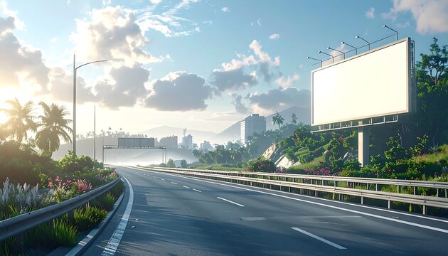 Scenic highway with an empty billboard bathed in sunlight, flanked by lush vegetation and distant buildings